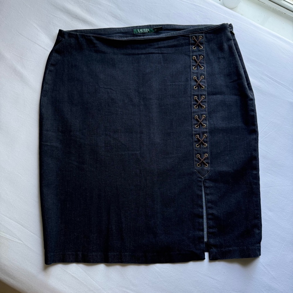 Lauren Ralph Lauren Denim Pencil Skirt Dark Wash Lace Up Slit Indigo 16W